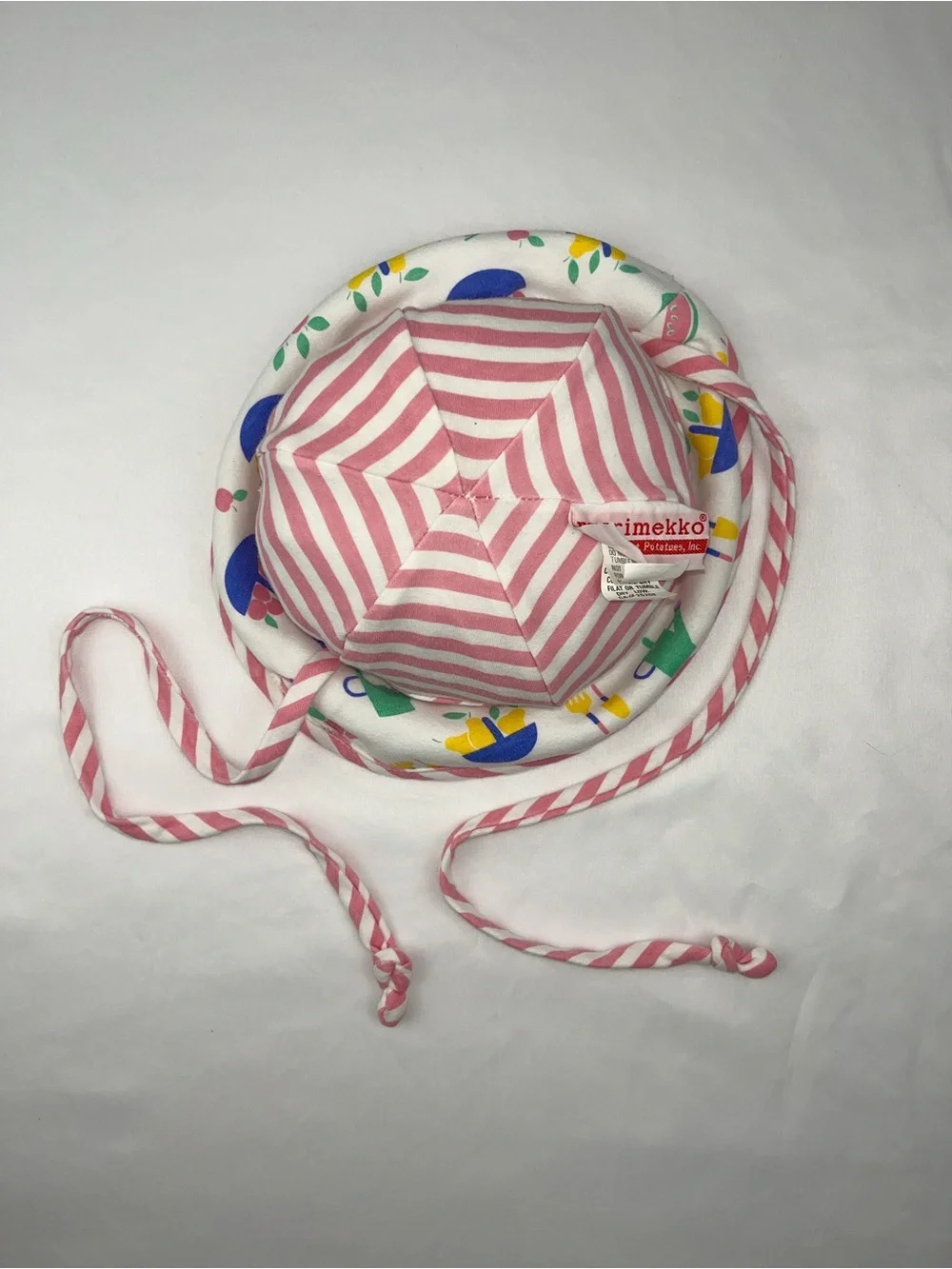 90s Marimekko Cotton Fruit Print Vintage Finnish Striped Bucket Sun Hat Infant